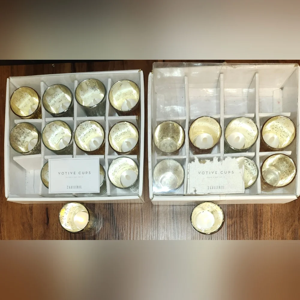 Z Gallerie 2 Pks of 12 Votive Cup Sets- 1 Silver & NIB, 1 Gold W 9 Votive Cups
